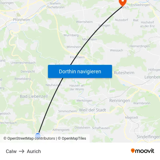 Calw to Aurich map