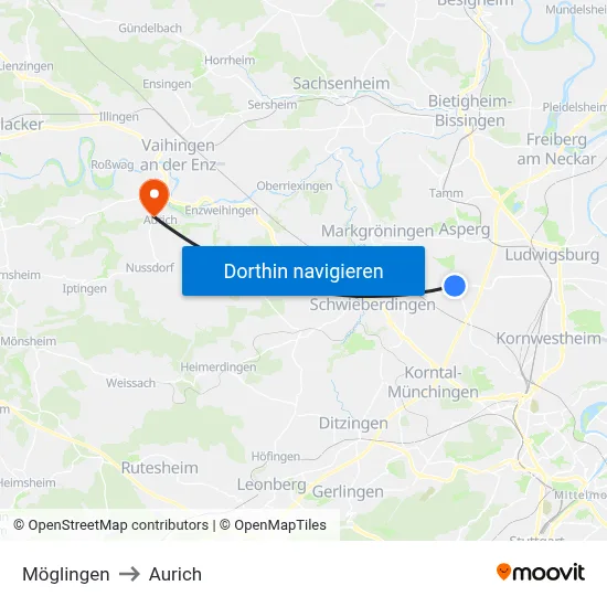 Möglingen to Aurich map