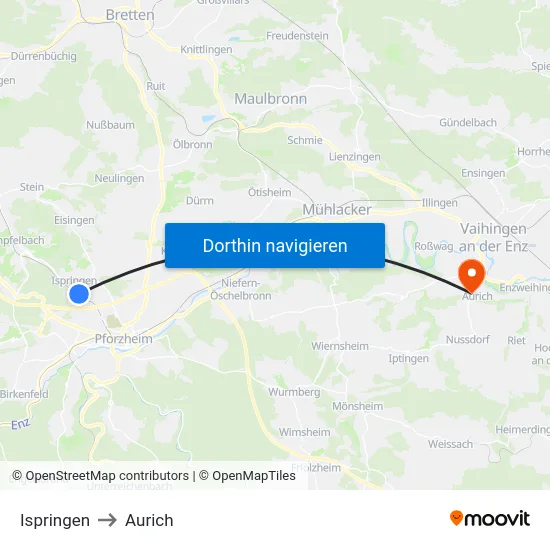 Ispringen to Aurich map