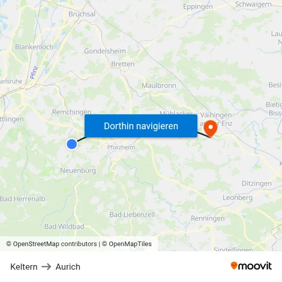 Keltern to Aurich map