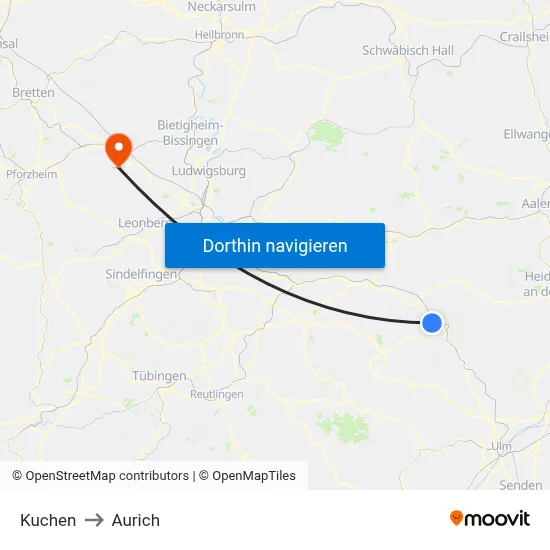 Kuchen to Aurich map