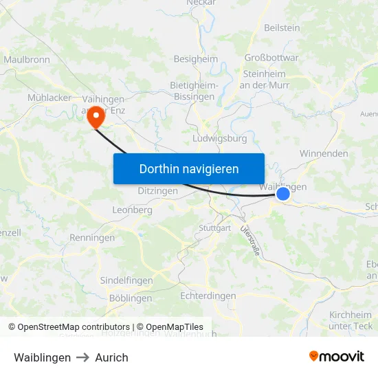 Waiblingen to Aurich map