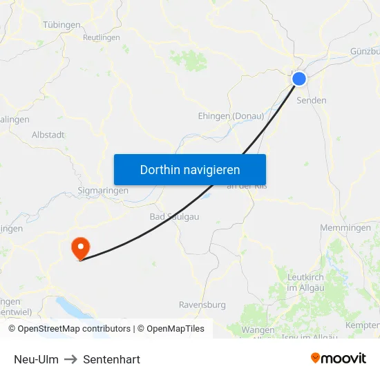 Neu-Ulm to Sentenhart map