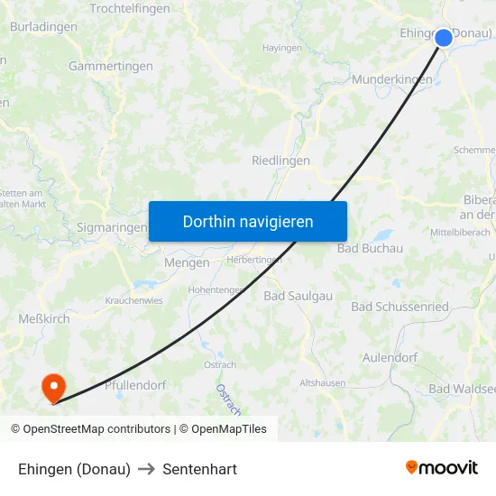 Ehingen (Donau) to Sentenhart map