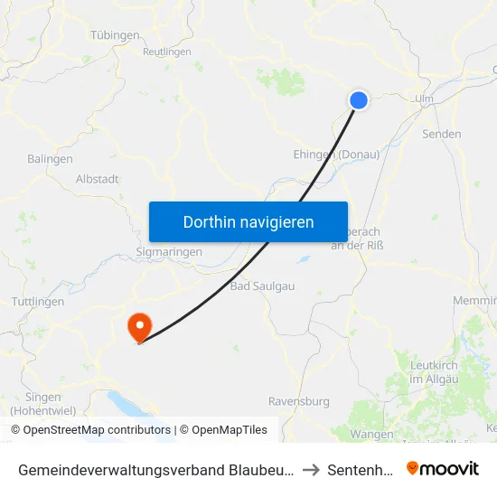 Gemeindeverwaltungsverband Blaubeuren to Sentenhart map