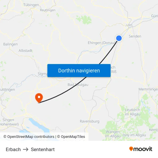 Erbach to Sentenhart map