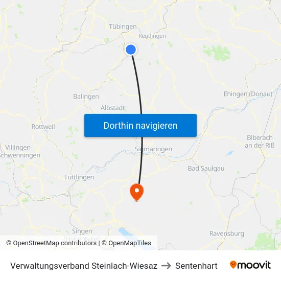 Verwaltungsverband Steinlach-Wiesaz to Sentenhart map