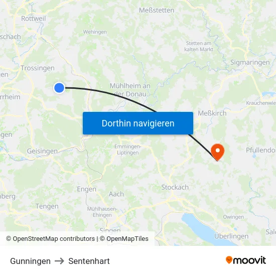 Gunningen to Sentenhart map