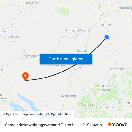 Gemeindeverwaltungsverband Dietenheim to Sentenhart map