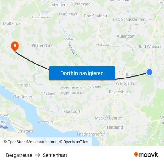 Bergatreute to Sentenhart map