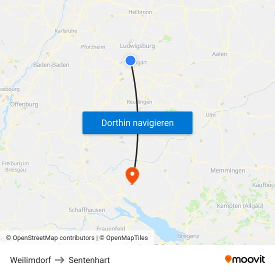 Weilimdorf to Sentenhart map