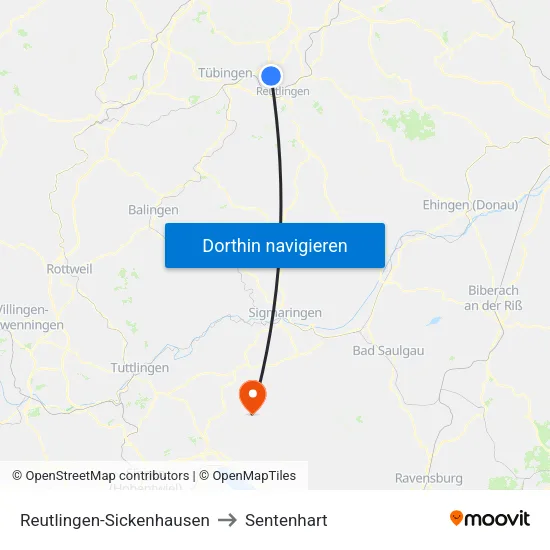 Reutlingen-Sickenhausen to Sentenhart map