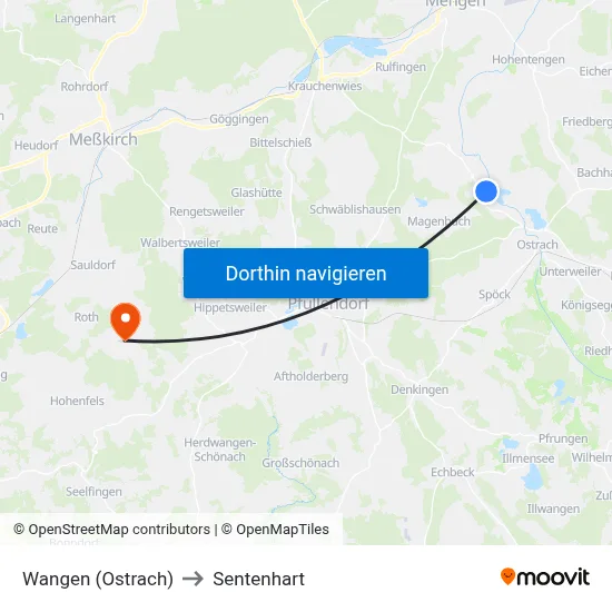 Wangen (Ostrach) to Sentenhart map
