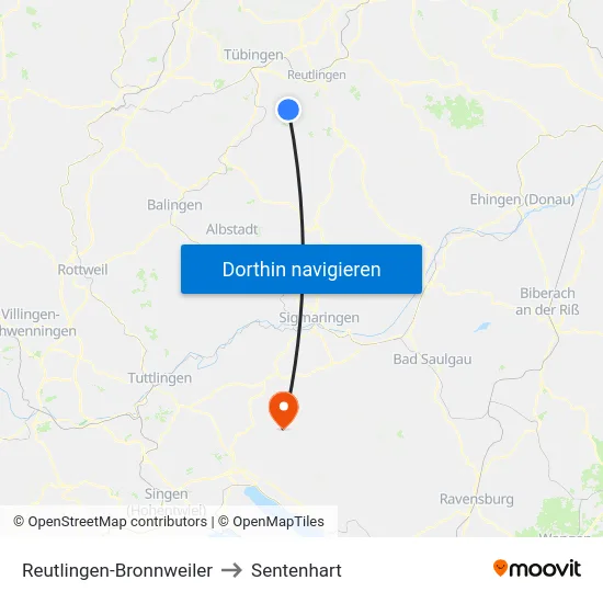 Reutlingen-Bronnweiler to Sentenhart map