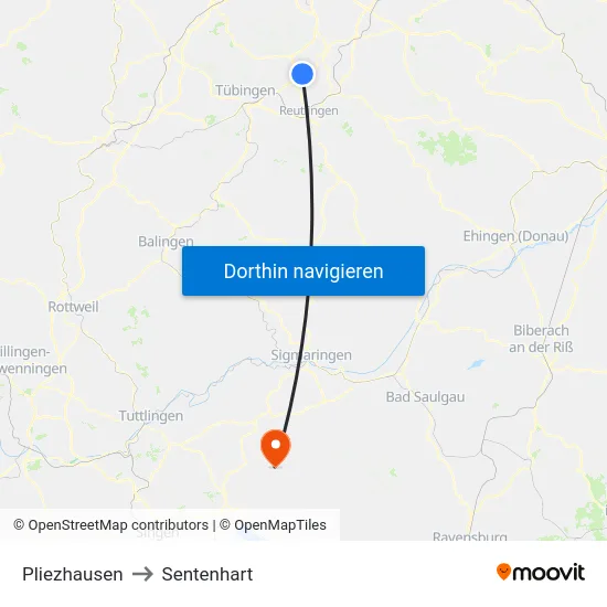 Pliezhausen to Sentenhart map