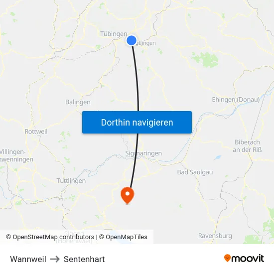 Wannweil to Sentenhart map