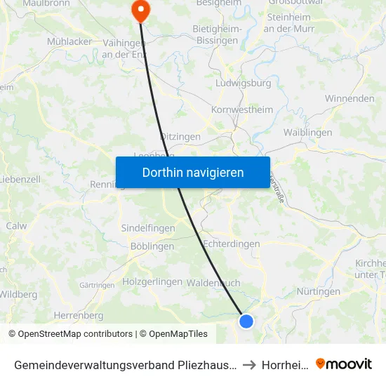 Gemeindeverwaltungsverband Pliezhausen to Horrheim map