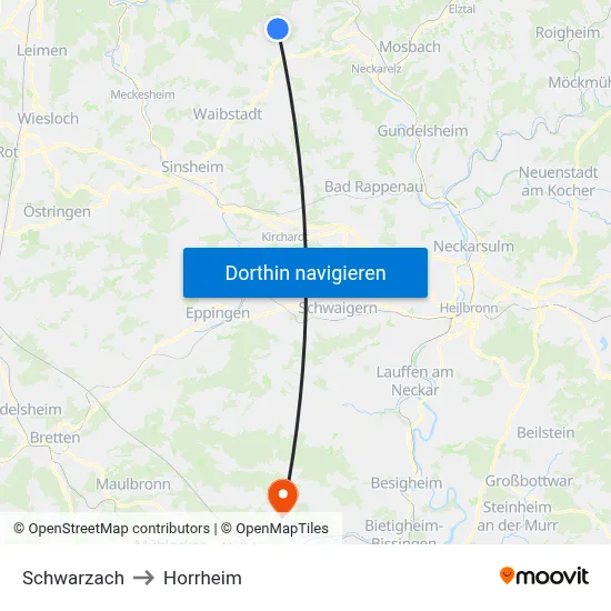 Schwarzach to Horrheim map