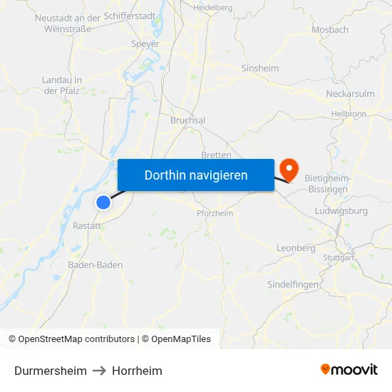 Durmersheim to Horrheim map