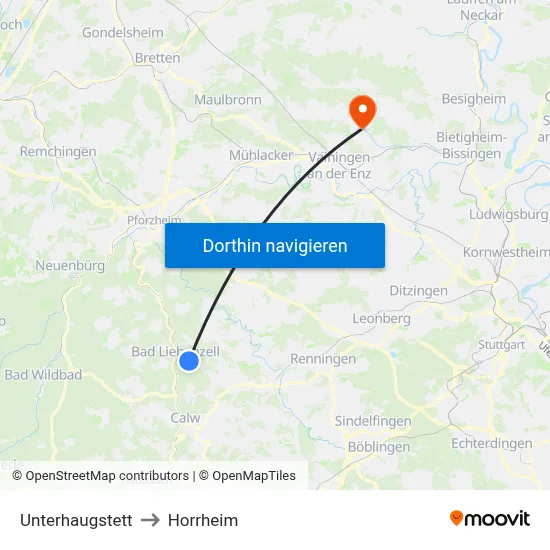 Unterhaugstett to Horrheim map