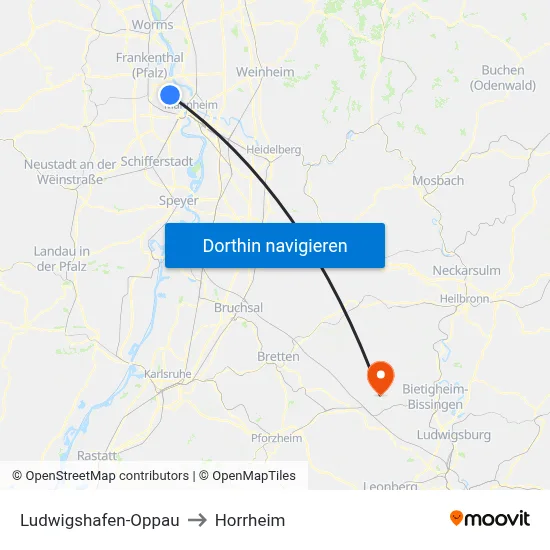 Ludwigshafen-Oppau to Horrheim map