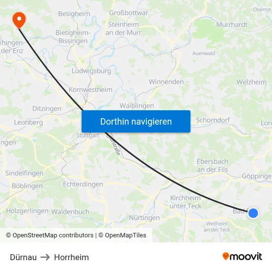 Dürnau to Horrheim map