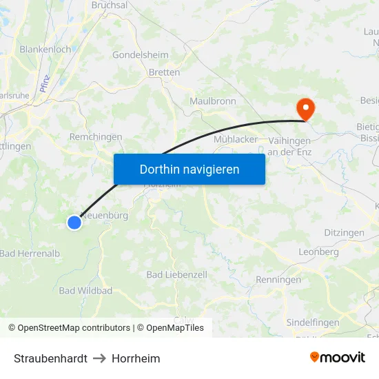 Straubenhardt to Horrheim map