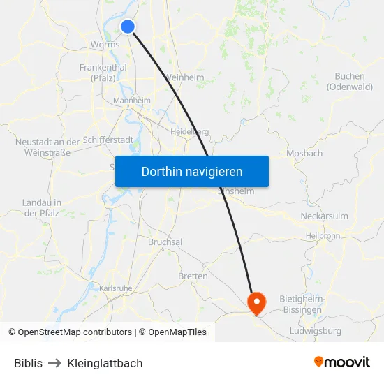 Biblis to Kleinglattbach map