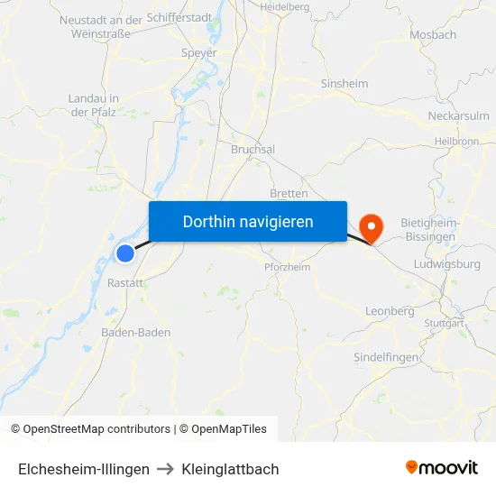 Elchesheim-Illingen to Kleinglattbach map