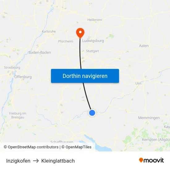 Inzigkofen to Kleinglattbach map