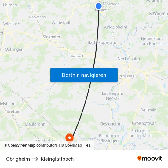 Obrigheim to Kleinglattbach map