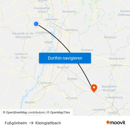 Fußgönheim to Kleinglattbach map