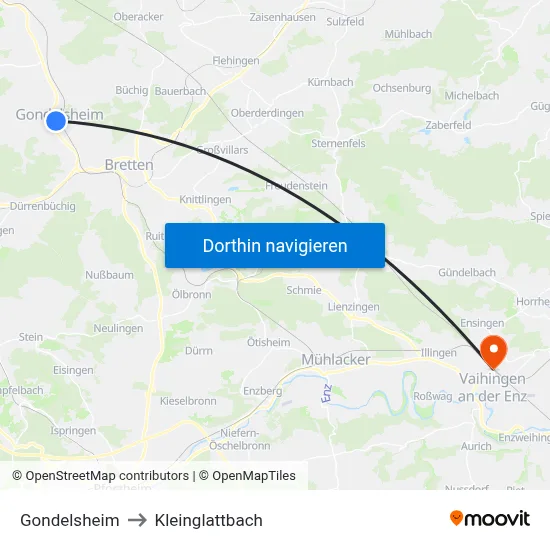 Gondelsheim to Kleinglattbach map