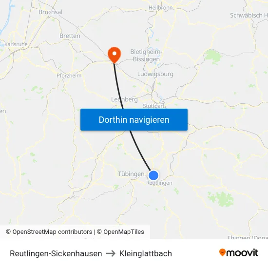 Reutlingen-Sickenhausen to Kleinglattbach map