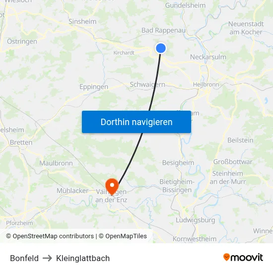 Bonfeld to Kleinglattbach map