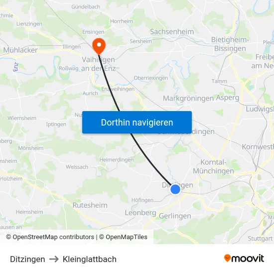 Ditzingen to Kleinglattbach map