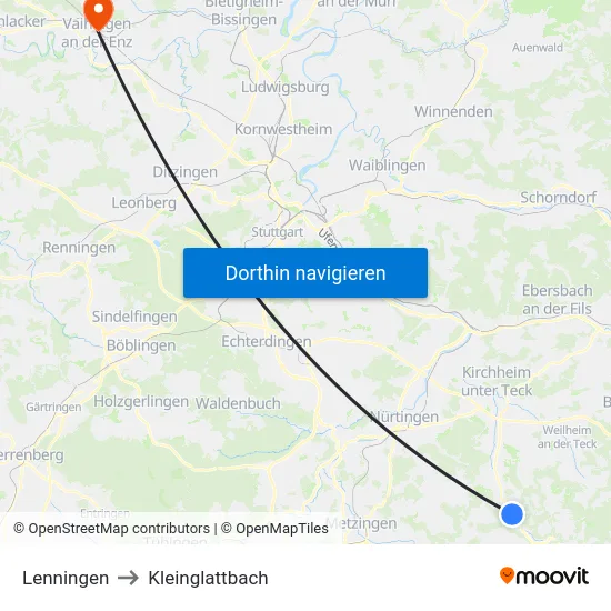 Lenningen to Kleinglattbach map