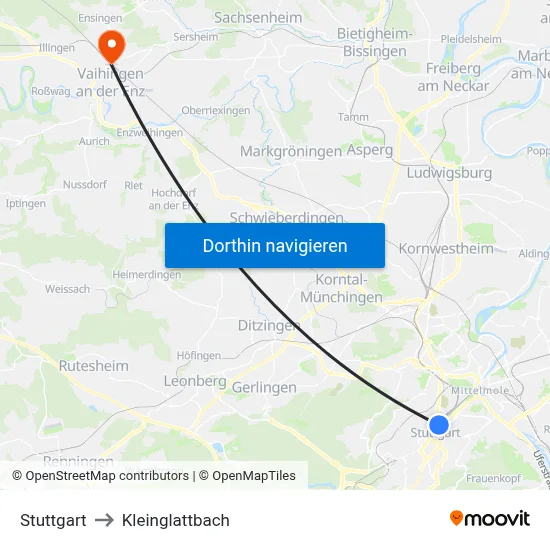 Stuttgart to Kleinglattbach map