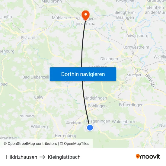 Hildrizhausen to Kleinglattbach map