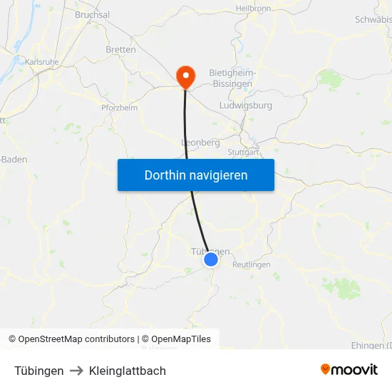 Tübingen to Kleinglattbach map