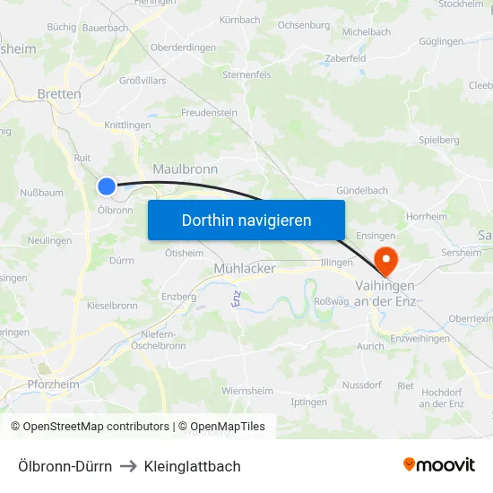 Ölbronn-Dürrn to Kleinglattbach map