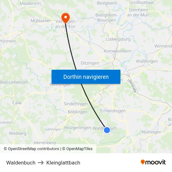 Waldenbuch to Kleinglattbach map