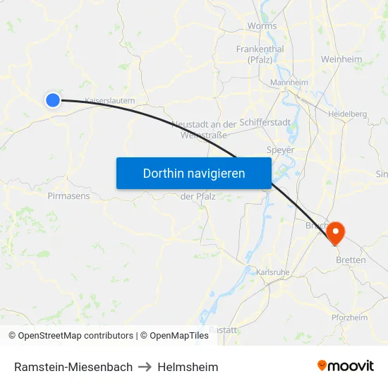 Ramstein-Miesenbach to Helmsheim map