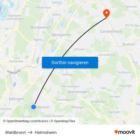 Waldbronn to Helmsheim map