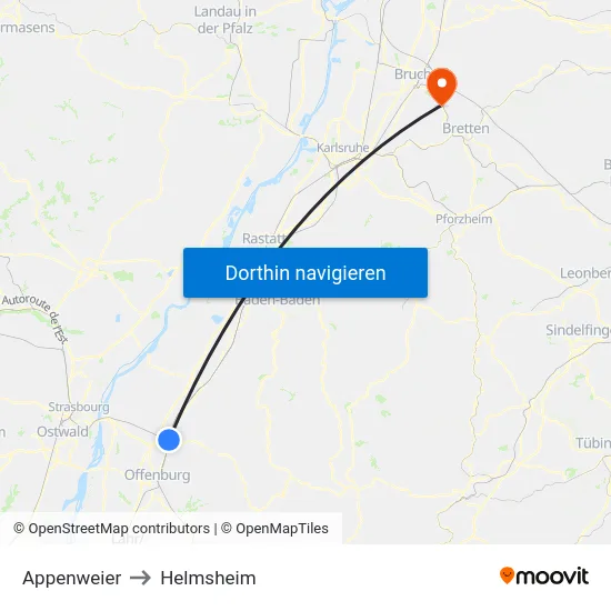 Appenweier to Helmsheim map