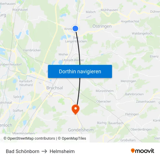 Bad Schönborn to Helmsheim map
