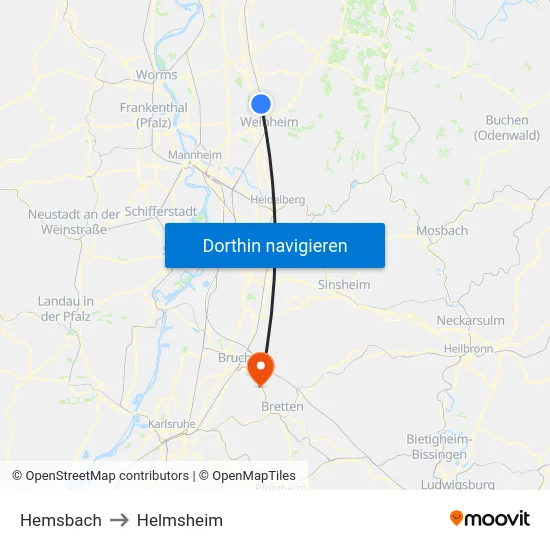 Hemsbach to Helmsheim map