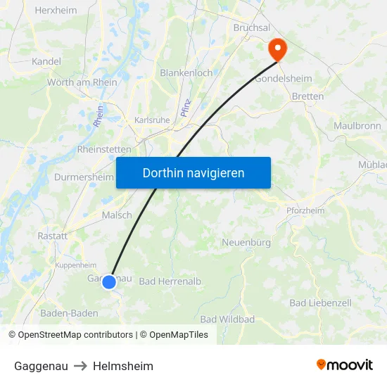 Gaggenau to Helmsheim map
