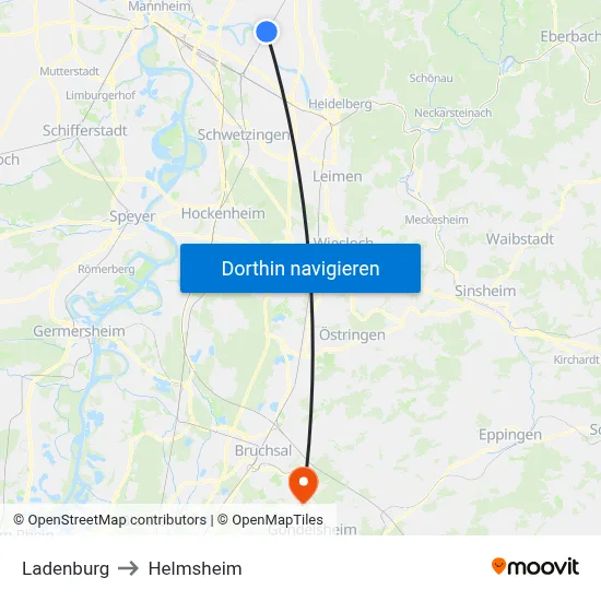 Ladenburg to Helmsheim map