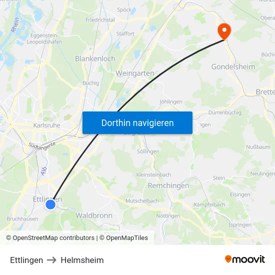 Ettlingen to Helmsheim map